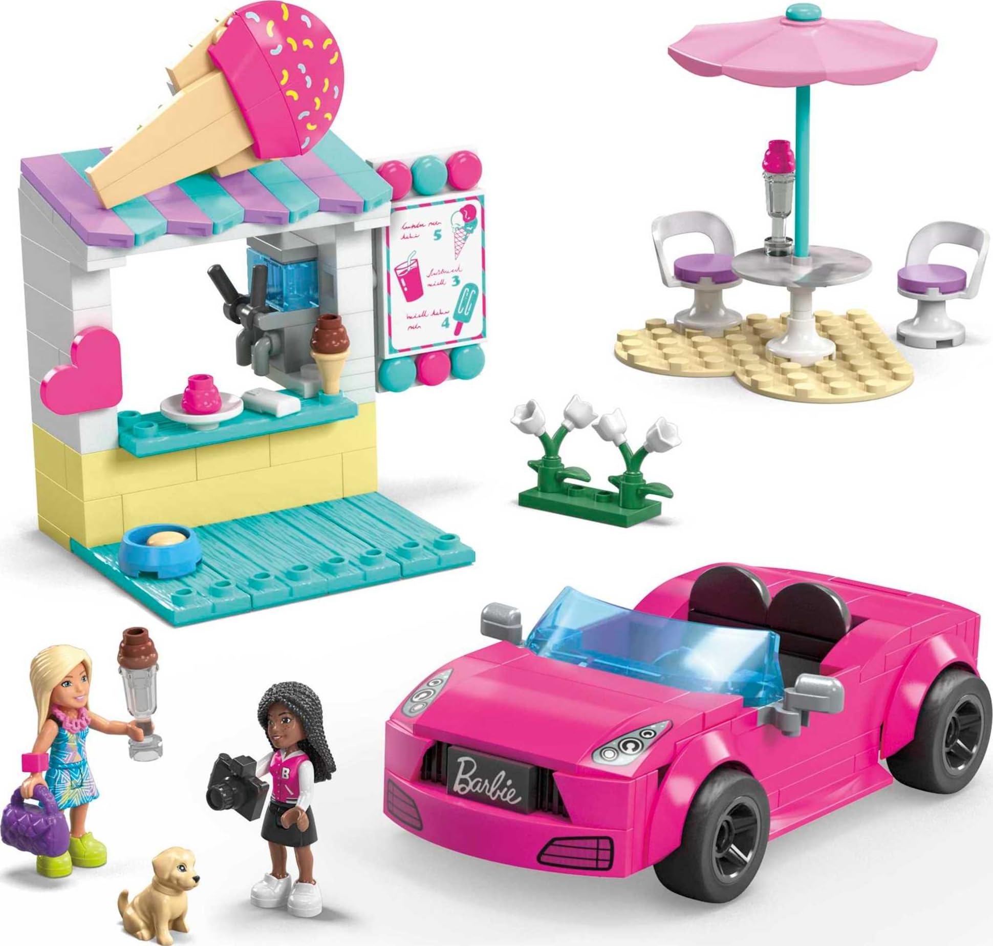 MEGA Barbie Kids Building Toy Set, Convertible & Ice Cream Stand with 226 Pieces, 2 Micro-Dolls and Accessories, Pink, Ages 6+ Years