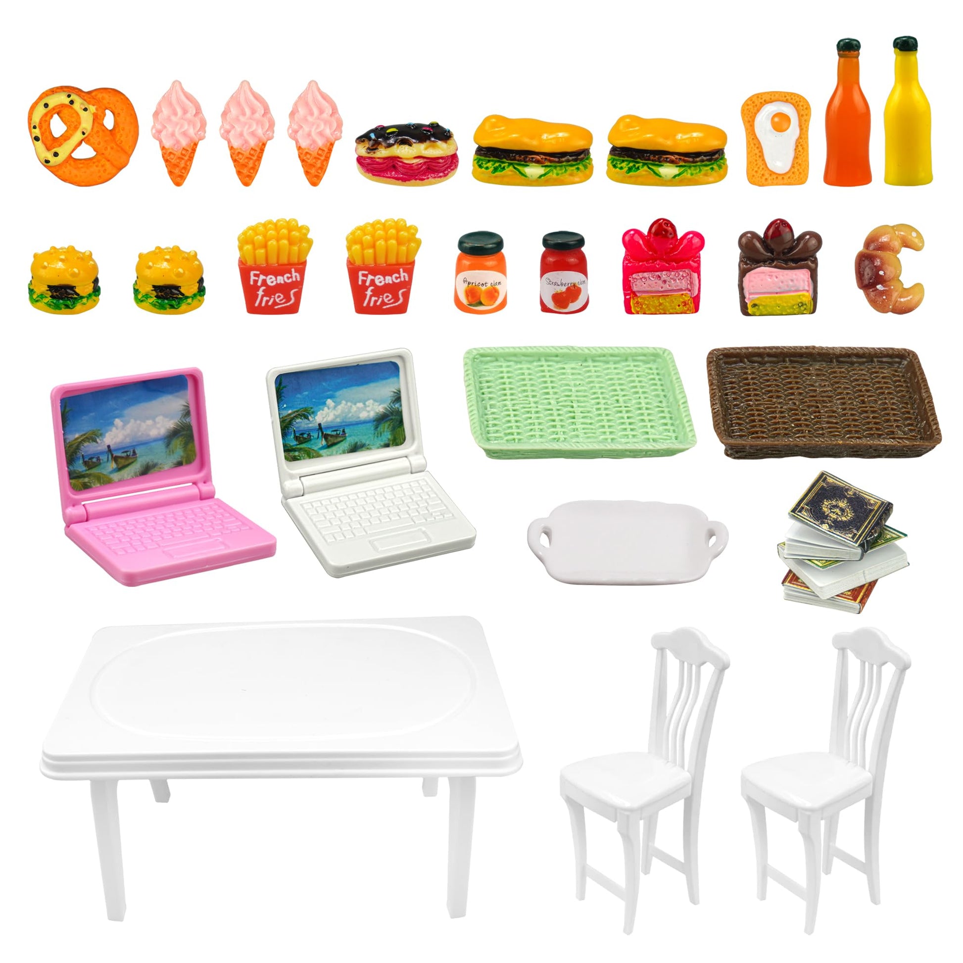 30 Pcs Miniature Food Drinks Laptop Computer Books Toys Dollhouse Miniature Furniture Plastic Table Fits Accessories Scale Dollhouse Playsets Girl