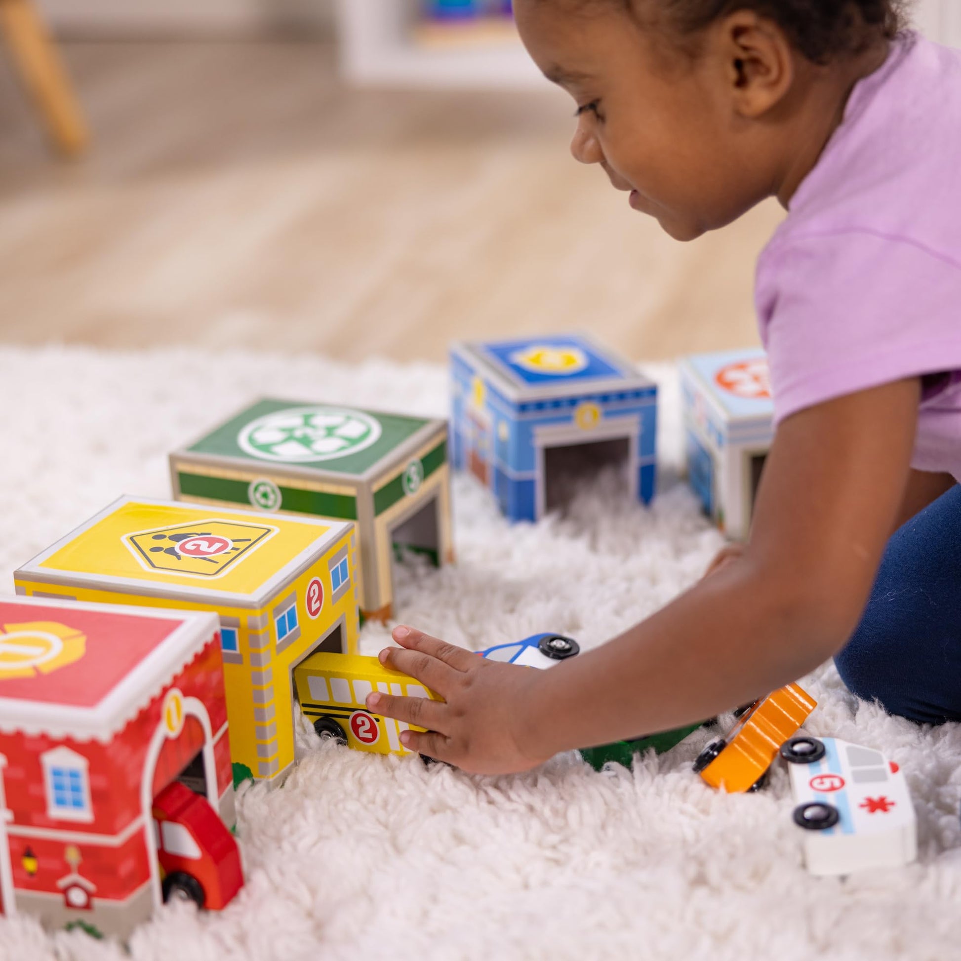 Melissa & Doug Nesting and Sorting Blocks - 6 Buildings, 6 Wooden Vehicles - FSC Certified