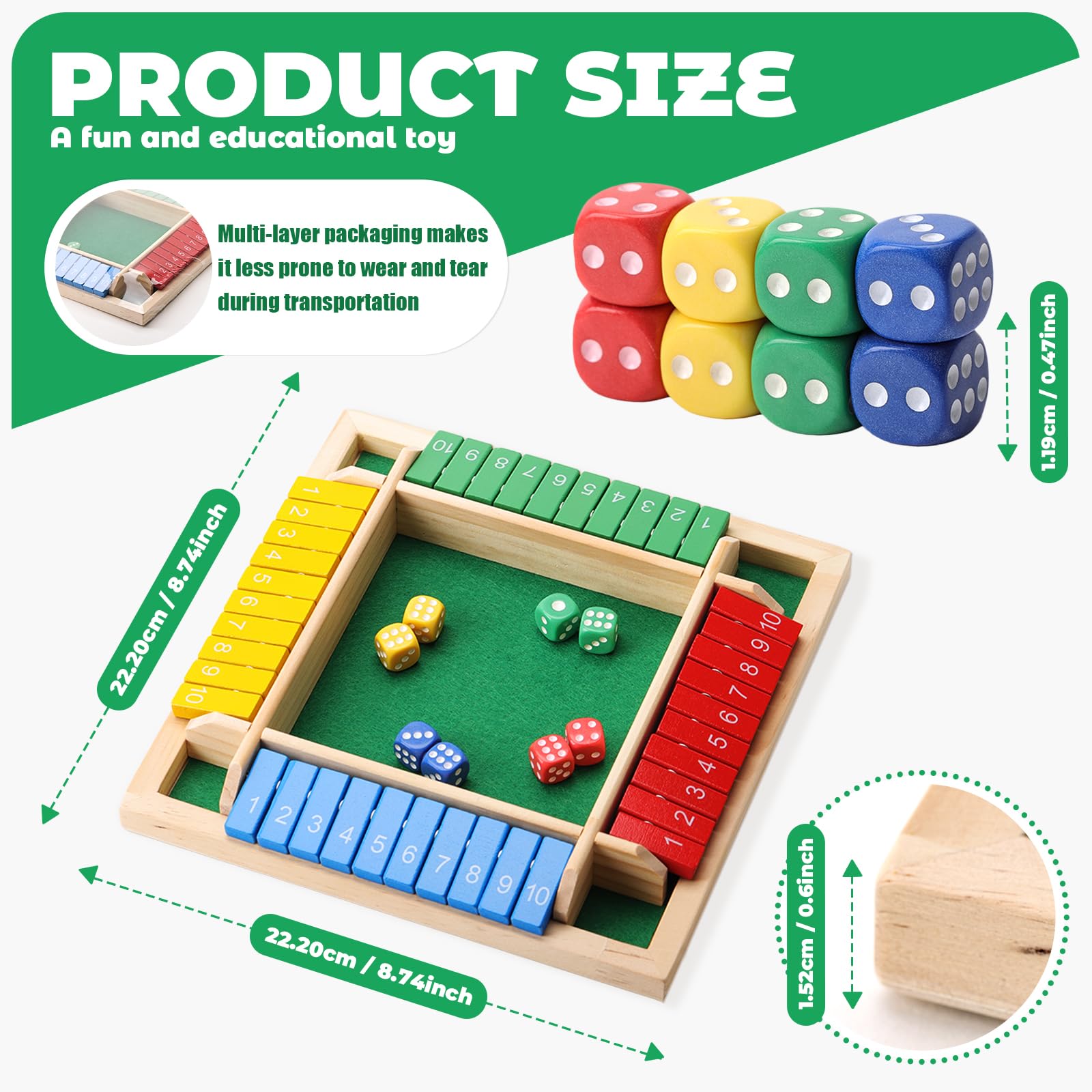 Shut the Box Game, 8.74in 8dice for 1-4 Players Educational Math Game