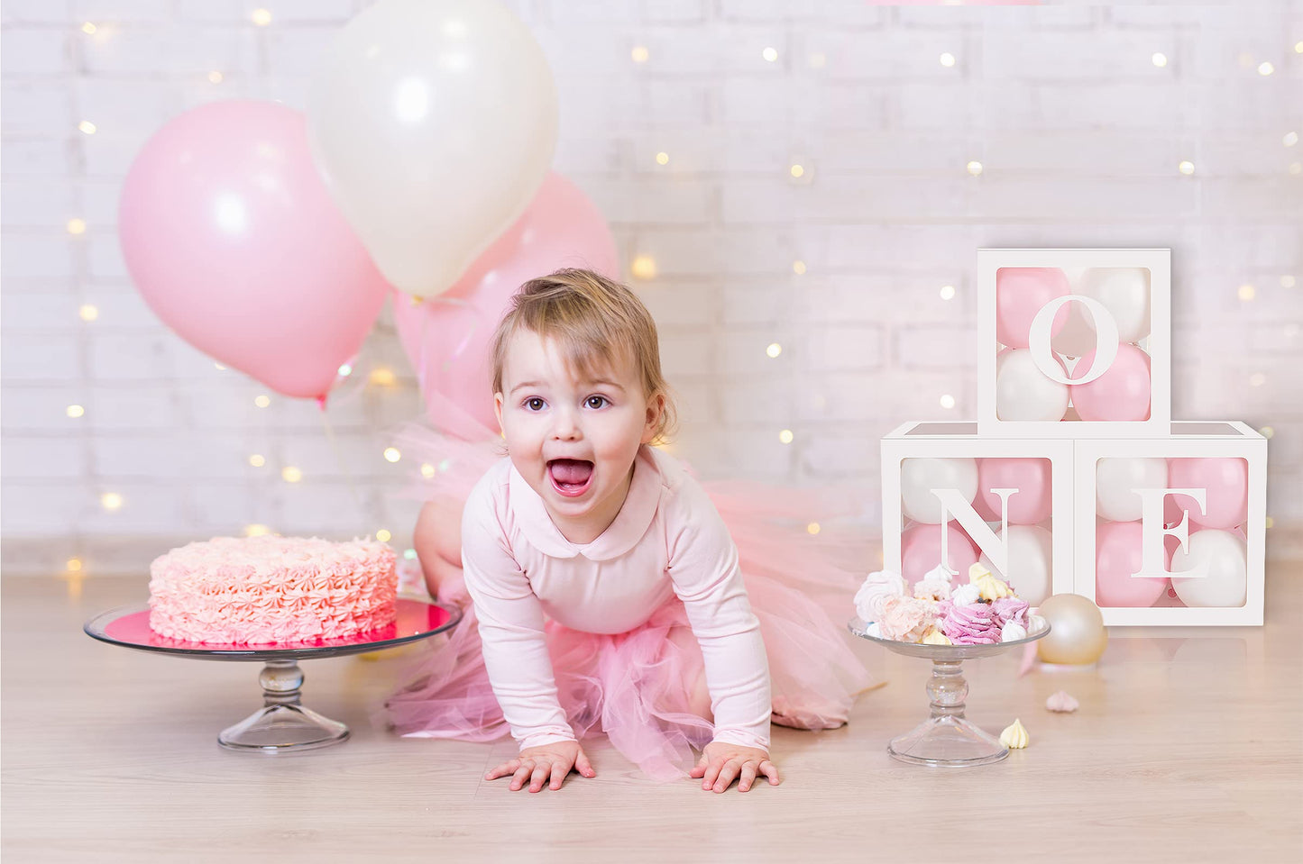Baby Girl First Birthday Party Decorations 'ONE' Letters Individual Three White Transparent Square Boxes with 24 Balloons Decor for 1 Year Old Baby