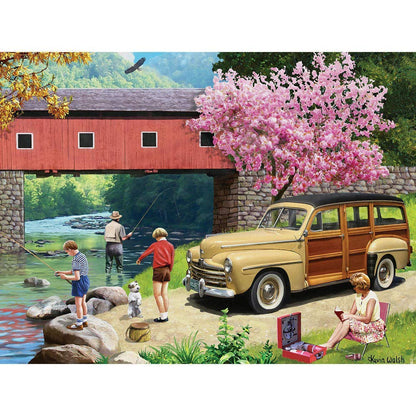 Bits and Pieces - 500 Piece Jigsaw Puzzle for Adults 18" x 24" - Our Favorite Spot - 500 pc Family Spring Car Bridge Fishing River Jigsaw by Artist