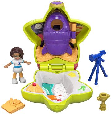 Polly Pocket Tiny Pocket Places Rockin’ Science Compact with Science-Themed Location, Micro Shani Doll, Surprise Reveals, Rocket, Volcano, Telescope