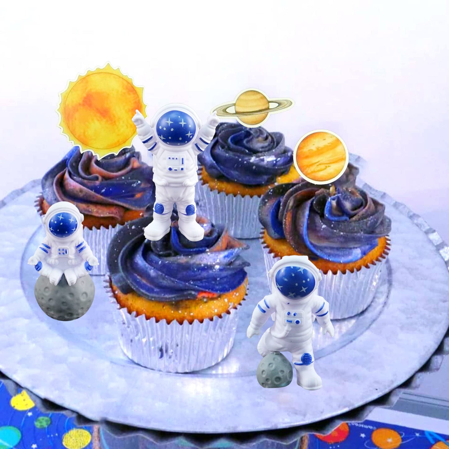 40PCS Astronaut Cake Toppers - Outer Space Astronaut Figurine Meteorite Planet Rocket Stars and Gold Silver Ball Space Theme Cake Decorations