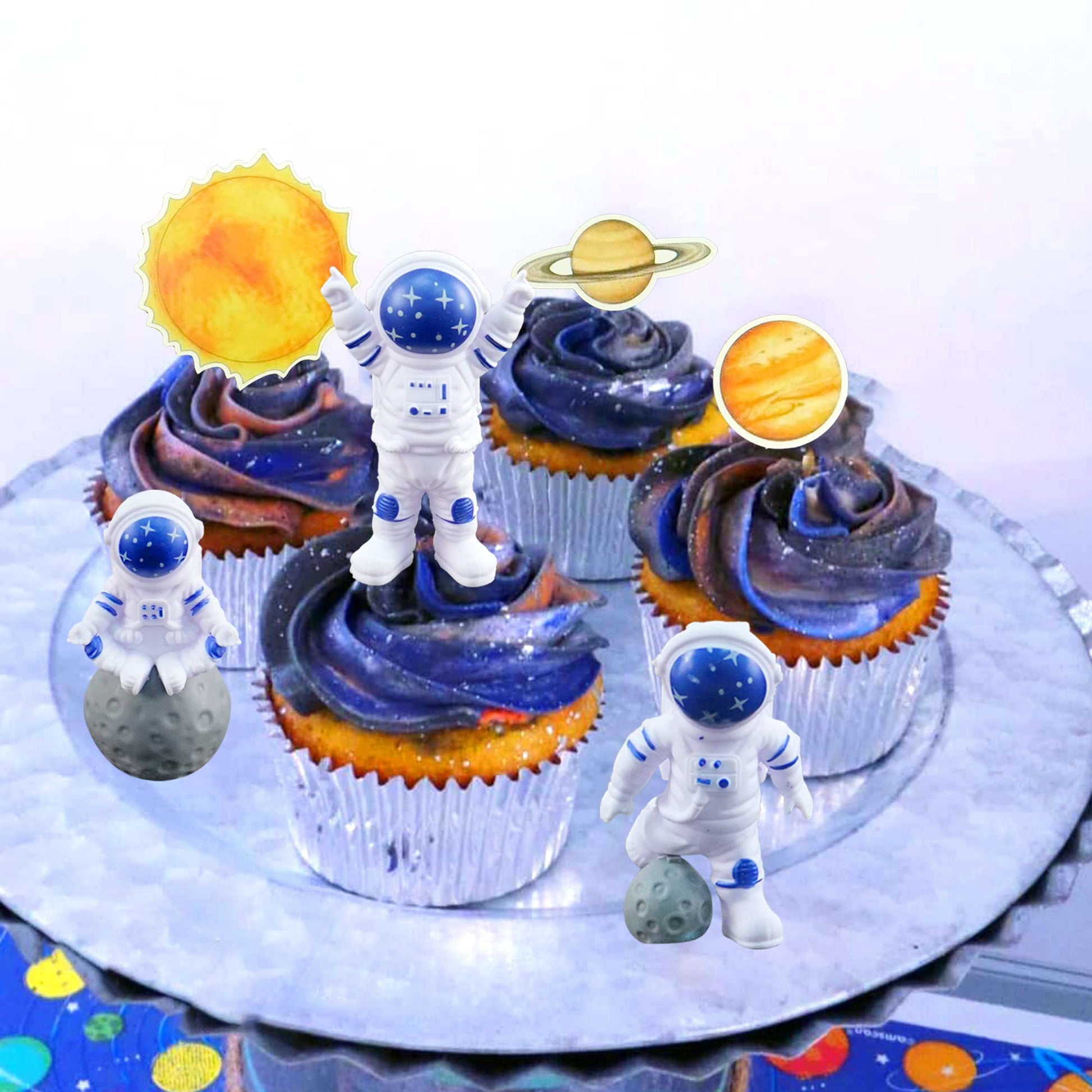 40PCS Astronaut Cake Toppers - Outer Space Astronaut Figurine Meteorite Planet Rocket Stars and Gold Silver Ball Space Theme Cake Decorations
