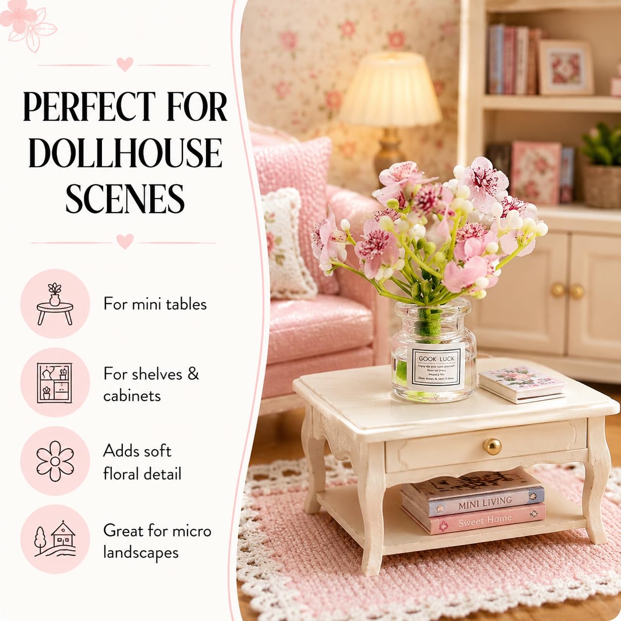Pink Miniature Jasmine Flower in Vase Set, Dollhouse Décor, 1:6 or 1:8 Scale, Micro Landscape Decoration?Tiny Floral Arrangements for Micro?Dollhouse