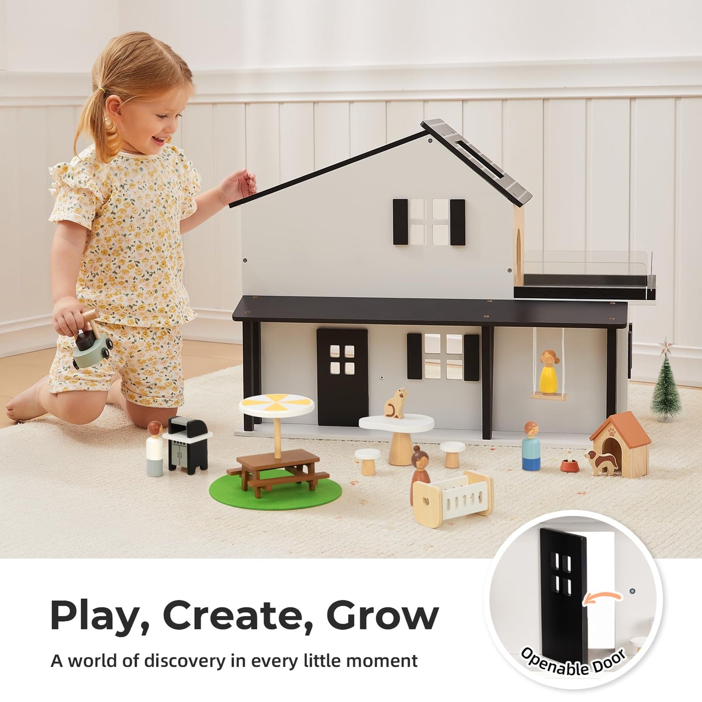 OOOK Wooden Dollhouse, Modern Doll House with 66Pcs Luxurious Furniture Accessories, Including Dolls and Pet Sets, Wood Dollhouse Toy for Boys