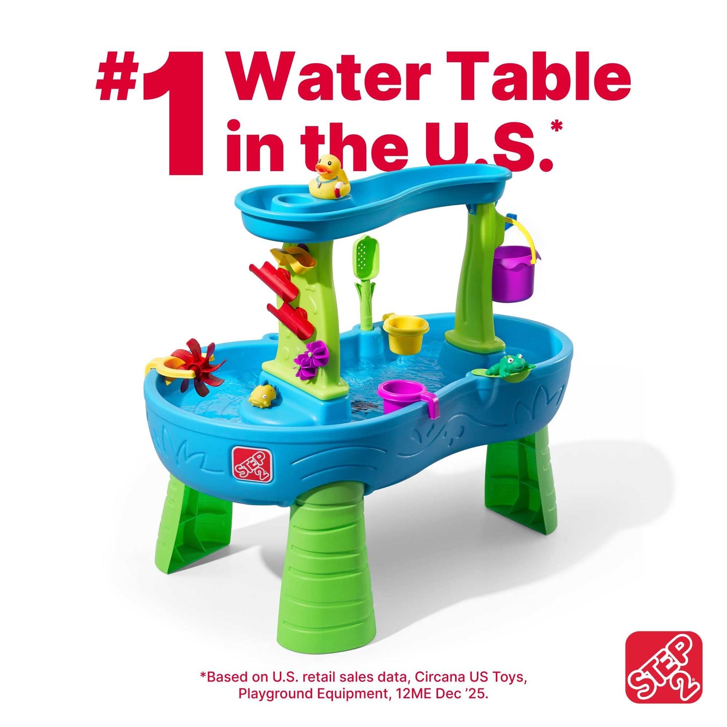 Step2 Rain Showers Splash Pond Toddler Water Table, Outdoor Kids Water Sensory Table, Ages 18+ Months, 13 Piece Water Toy Accessories, Blue & Green