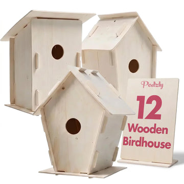 Podzly Kids Wooden Birdhouse Craft Kit 12 Pack - DIY Bird House Kits for Kids Ages 3+ - Personalize, Build & Paint Your Own Birdhouse - 3 Designs