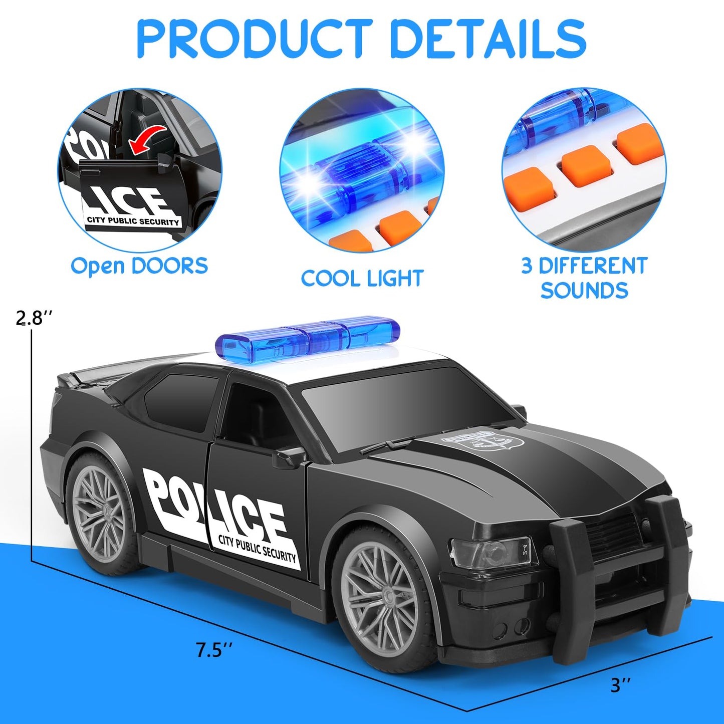 Police Car Toys for Boys 3-5 4-8 With 3 Different Flashing Lights & Sound, Side Doors Open Friction-Powered Wheels Pursuit Rescue Vehicle Light Up Toy