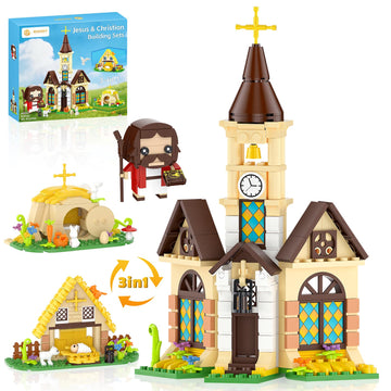 Nubee Jesus Christian Nativity 3-in-1 Building Blocks Set, Jesus Resurrection & Church Easter Decor, Religious Building Toy, Christian Gifts, Easter