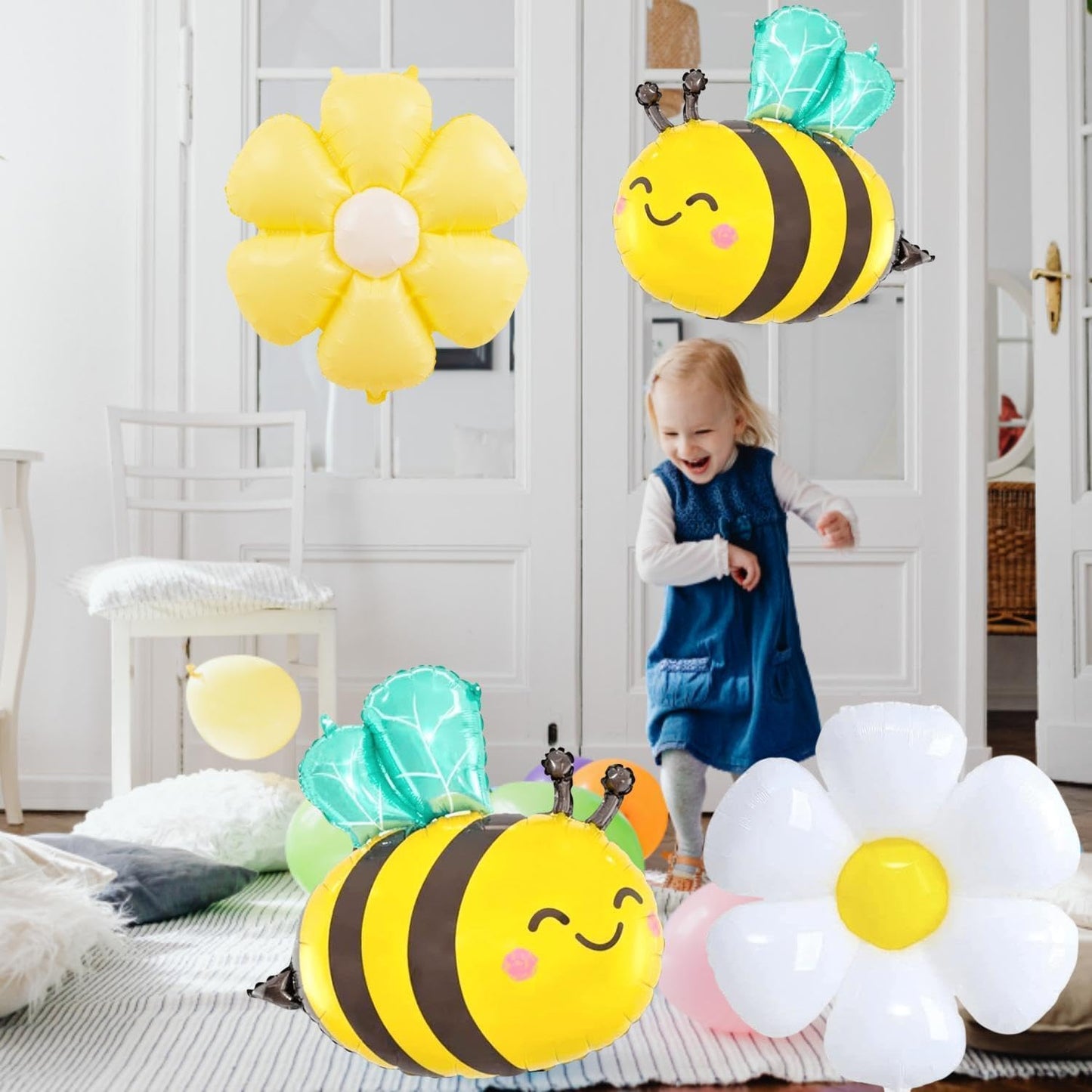Bee Balloons and Daisy Flower Balloons - 8 Pcs Yellow and Black Bumble bee Foil balloons for Baby Shower, Bee Themed Birthday Party Decorations