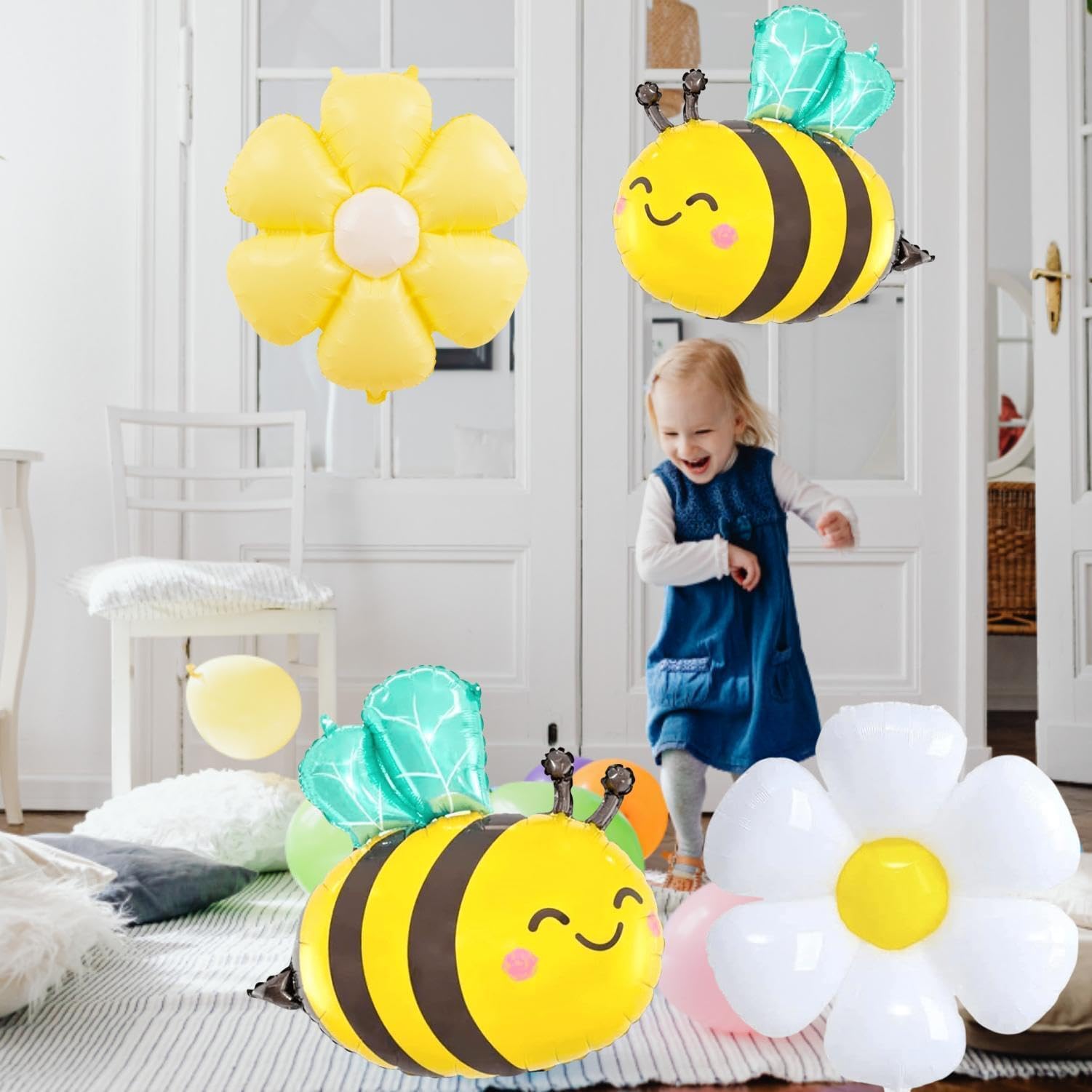Bee Balloons and Daisy Flower Balloons - 8 Pcs Yellow and Black Bumble bee Foil balloons for Baby Shower, Bee Themed Birthday Party Decorations