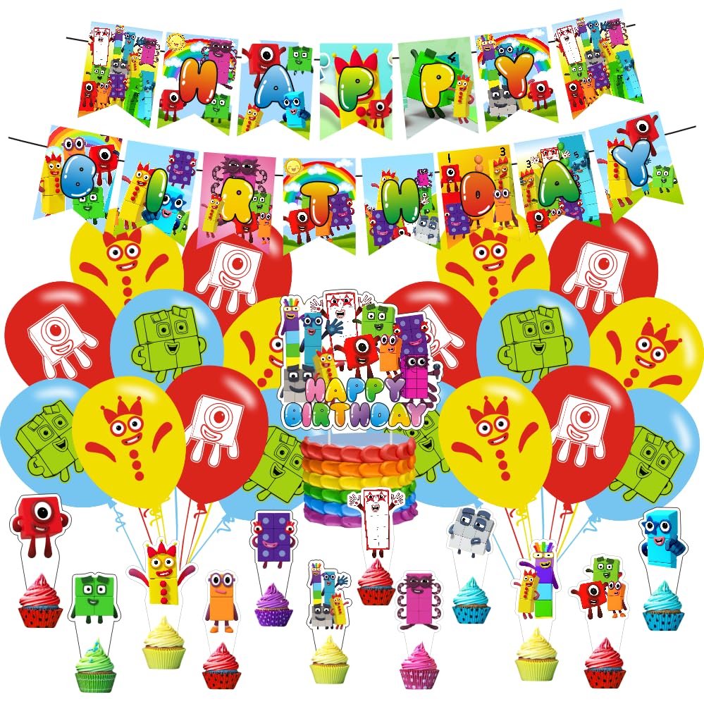 Number Birthday Decorations, Number Party Supplies Include Happy Birthday Banner, Cake Topper and Cupcake Toppers, Balloons for Kids Party Decor