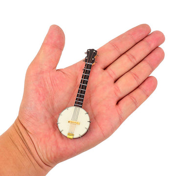 Dselvgvu Wooden Miniature Banjo with Stand and Case Mini Musical Instrument Banjo Replica Collectible Figurines Dollhouse Accessories Model Home