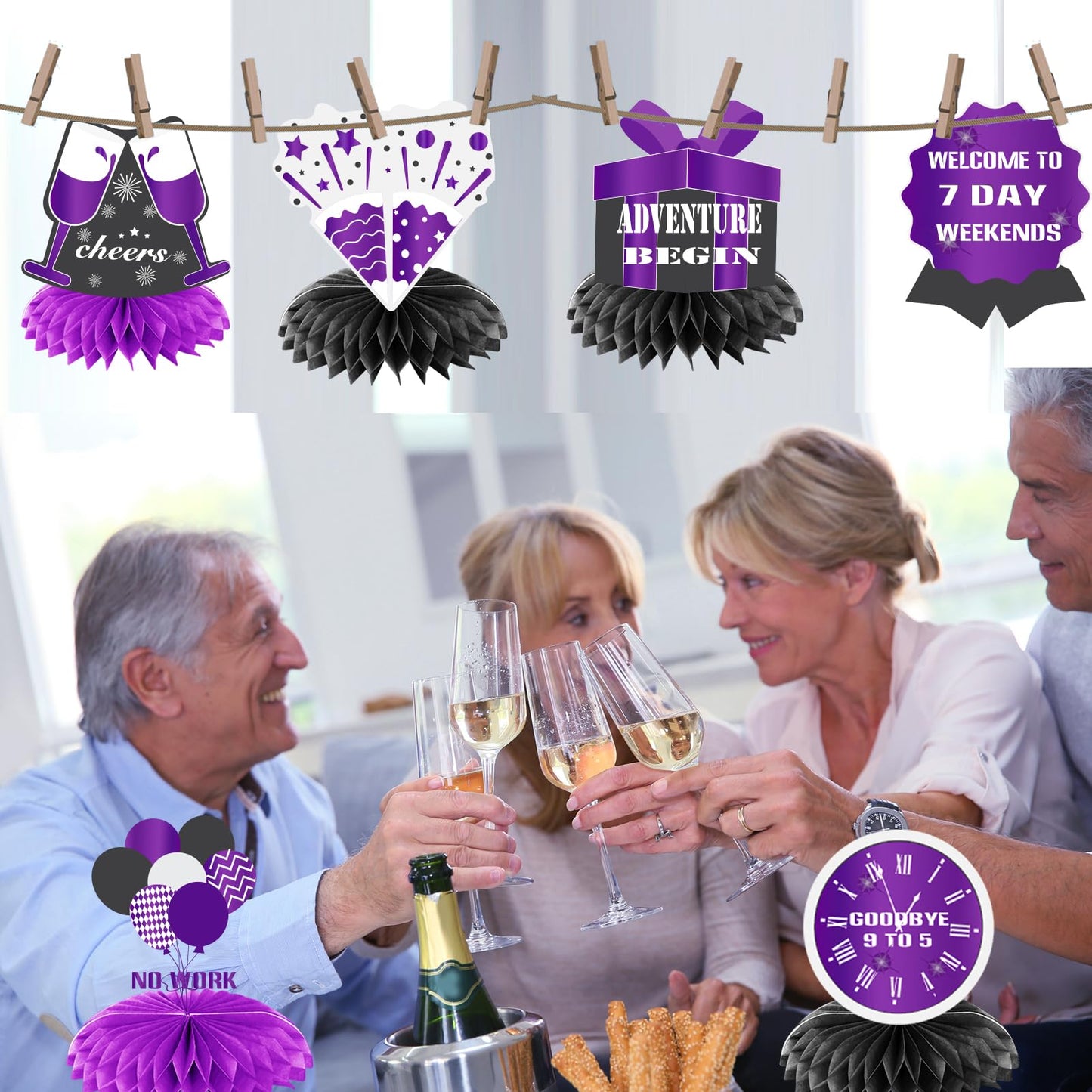 WINPOGEE 9Pcs Purple Black Happy Retirement Decorations Table Honeycomb Centerpieces Party Supplies Adventure Awaits Sign for Men Retired Decor