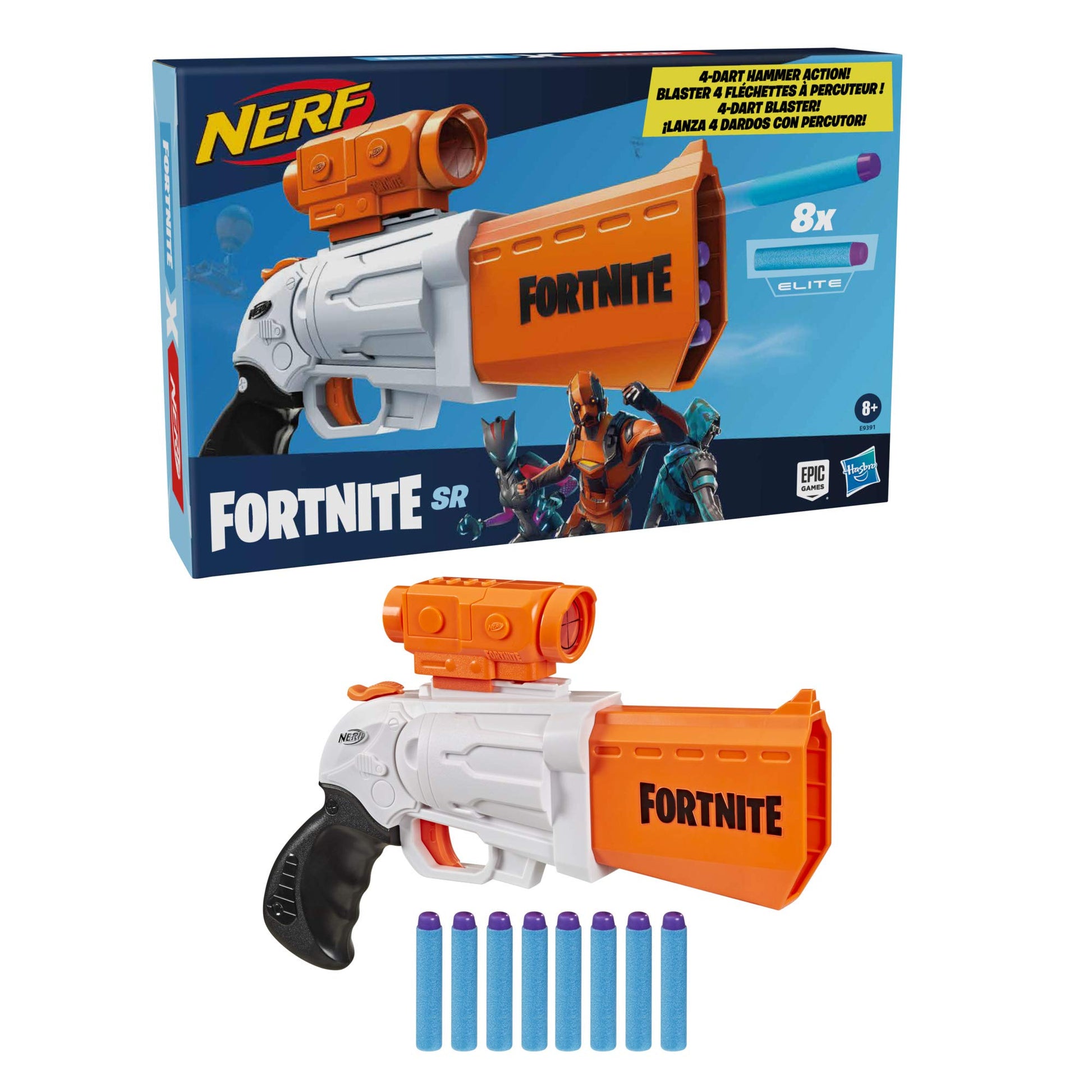Nerf Fortnite SR Blaster - 4-Dart Hammer Action - Includes Removable Scope and 8 Official Nerf Elite Darts - for Youth, Teens, Adults