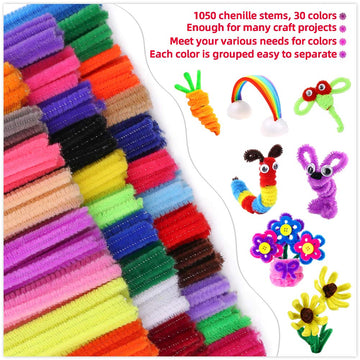 Pipe Cleaners Chenille Stems 1050 Pieces 30 Assorted Colors for Craft Arts Creative DIY Projects Decorations, 6mm x 12inch Fuzzy Colored Chenille Stem