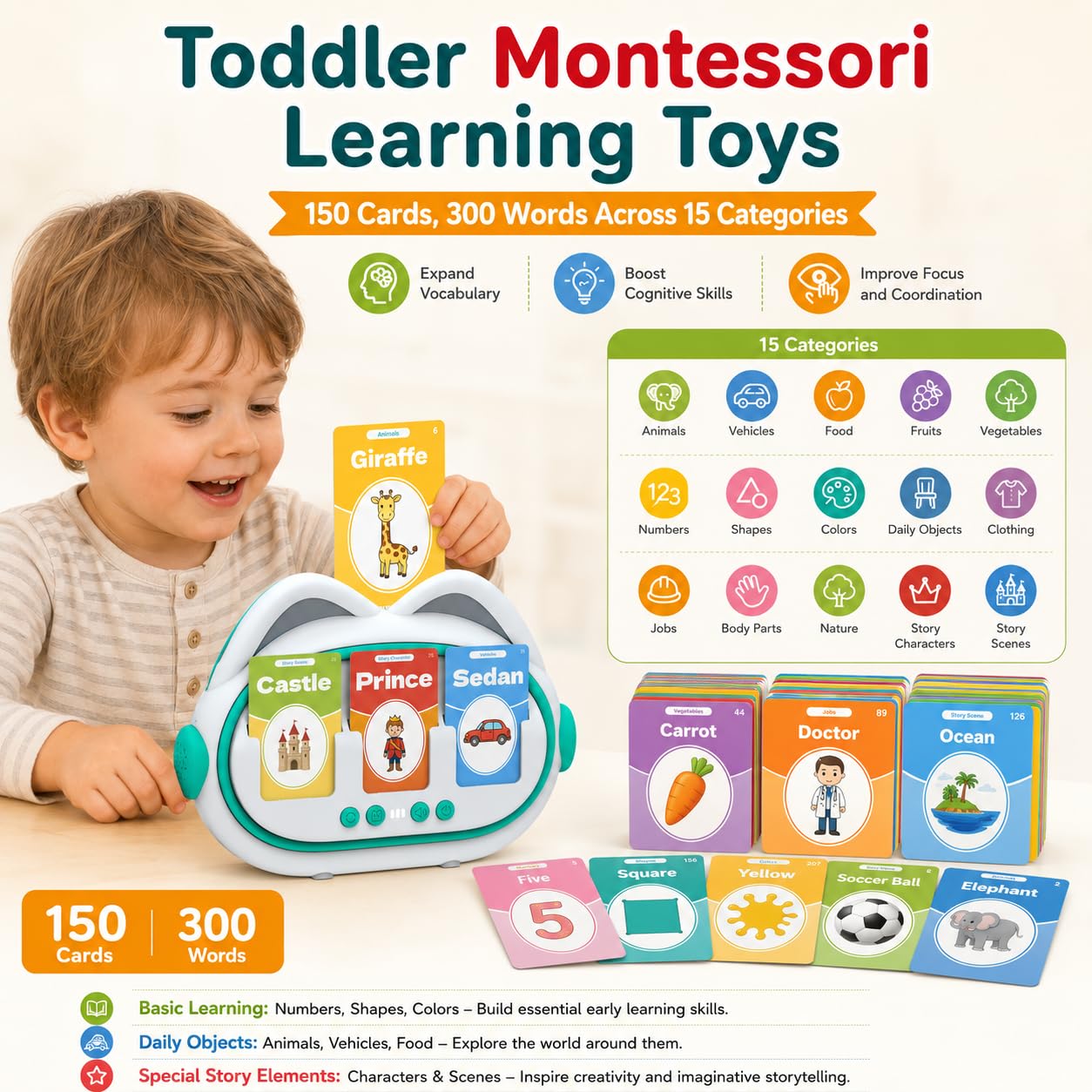 AI Storytelling Toy for Kids, Generate Stories Instantly with Any 3 Cards, 150 Cards 300 Words, Screen-Free, No Subscription Required, Talking Flash
