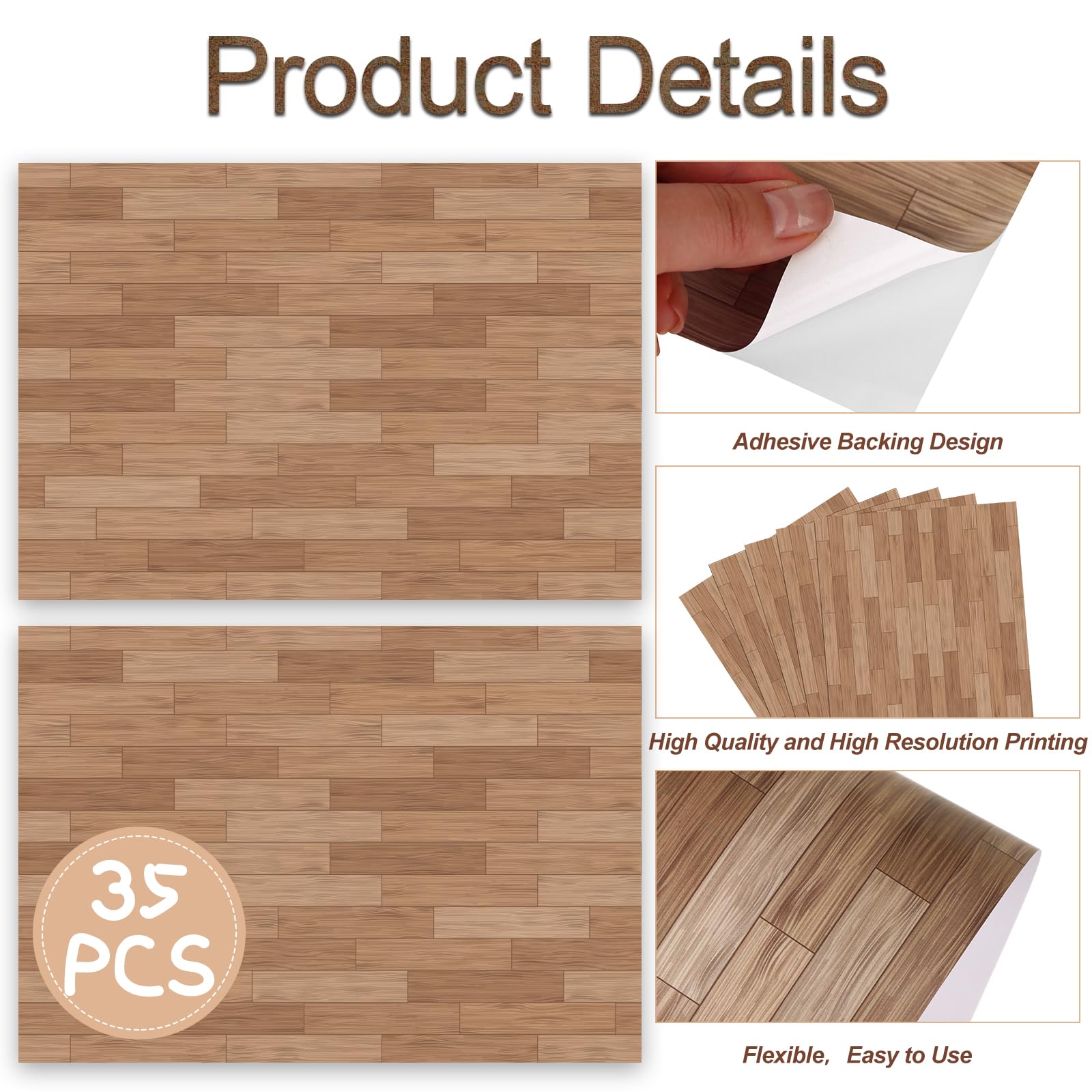 35 Pcs Miniature Dollhouse Wallpaper Self-Adhesive Mini DIY Floorboards Wall Paper Real Life DIY Decoration for Dollhouse(Brown)