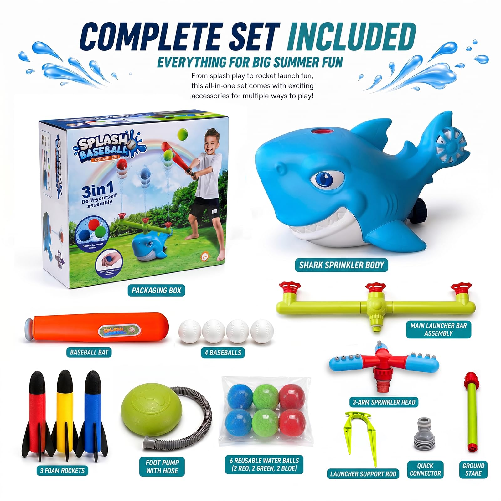 Shark Water Sprinkler Toy, 4-in-1 T Ball Splash Game for Kids Ages 3-8