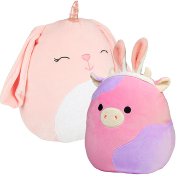 Squishmallows 2-Pack 10 Inch Purple Cow & 12 Inch Bunnycorn Plush Set - Official Jazwares Soft & Squishy Bedtime Comfort Stuffed Animals Collectible