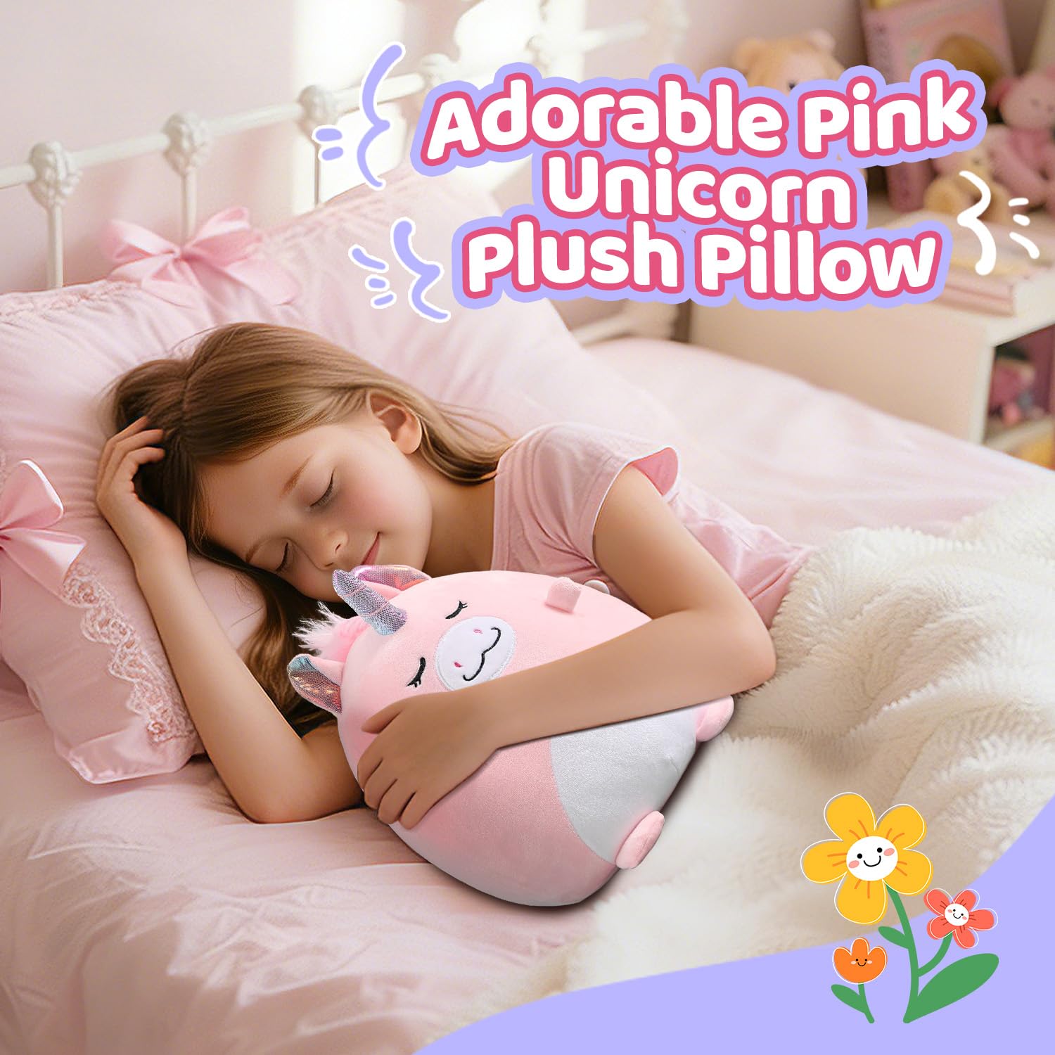 Marsjoy 12" Pink Unicorn Plush Pillow Toy Squishy Stuffed Animal Plushie Pillow Cute Unicorn Huggable Toy Kawaii Soft Cushion for Girl Kid Children's