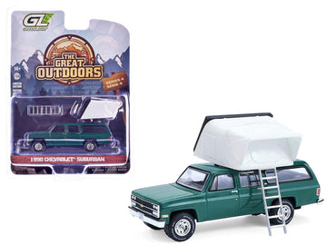 1990 Suburban Green with Modern Rooftop Camper The Great Outdoors Series 4 1/64 Diecast Model Car by Greenlight 38080E