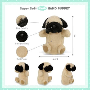 DolliBu Pug Dog Plush Hand Puppet - Super Soft Stuffed Animal Pug Dog Puppet Toy for Kids, Educational Cute Plush Puppets for Teaching, Games,