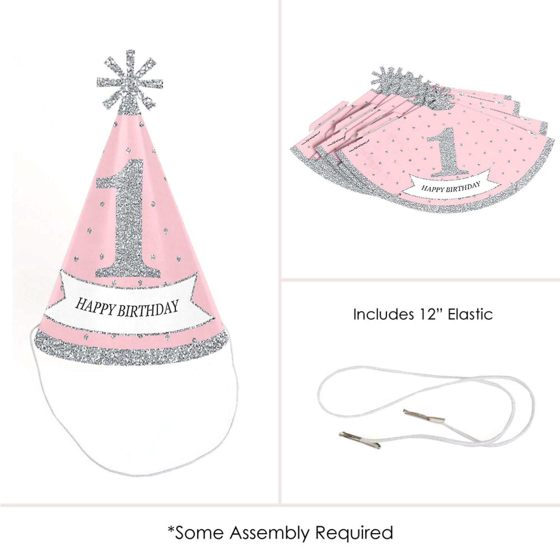 Big Dot of Happiness Pink Onederland - Cone Winter Wonderland Happy Birthday Party Hats for Kids and Adults - Set of 8 (Standard Size)