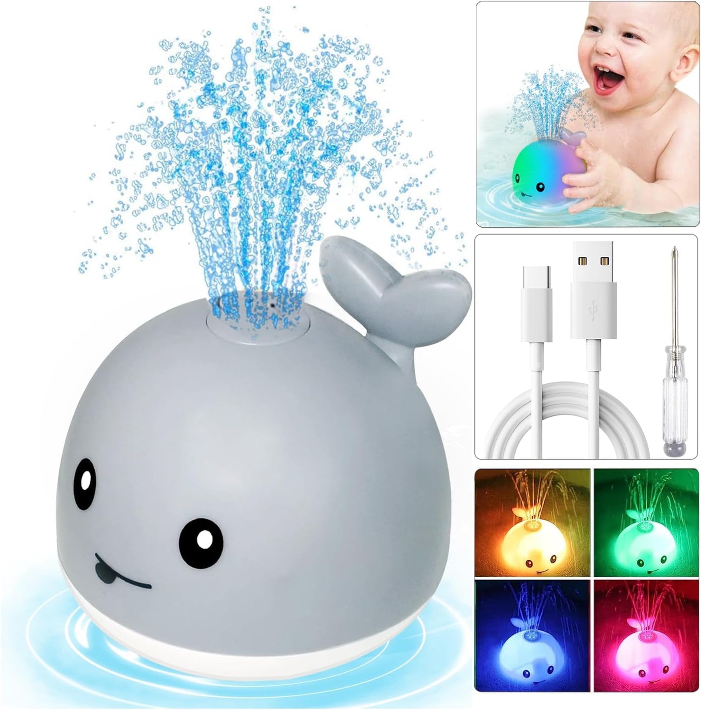 TFS TOP·FANS Baby Whale Bath Toy Infant: Light Up Fountain 6-12 Months Old Bathtub 18-24 Pool 3 4 5 7 8 9 10 15 Sprinkler Tub Water Toys Toddlers 1
