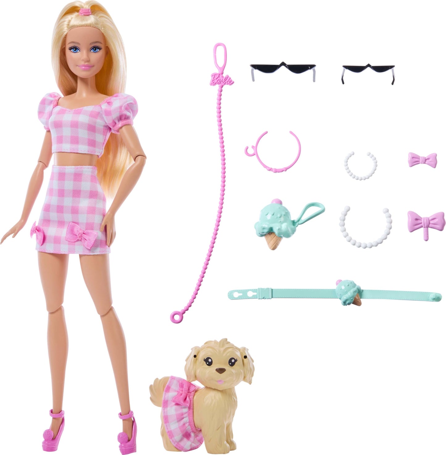Barbie Twinning Looks Doll with Pet Dog in Matching Pink Gingham Clothes and Accessories for Both Like Sunglasses, Necklaces and Bows, Blonde
