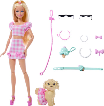 Barbie Twinning Looks Doll with Pet Dog in Matching Pink Gingham Clothes and Accessories for Both Like Sunglasses, Necklaces and Bows, Blonde