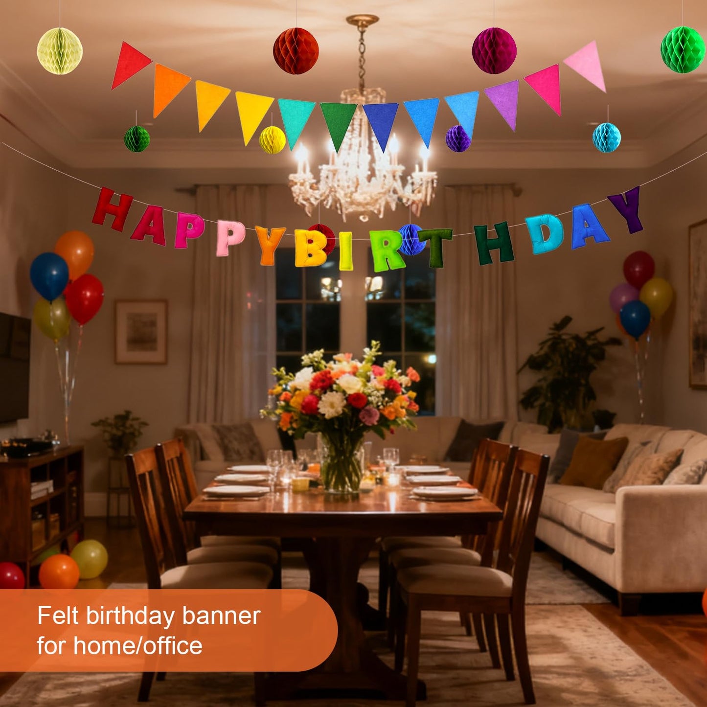 Pre-Strung Happy Birthday Decoration, Fabric Felt Birthday Banners Poms Pom Party Garland Felt Pennant Flag With 10PCS Honeycomb Balls, Reusable Party
