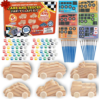 Kids Paint Your Own Wooden Car Craft Kits (12 Pack) - DIY Wood Painting Art Kits, Individually Wrapped w Paint, Brush & Bonus Decal Stickers - Party
