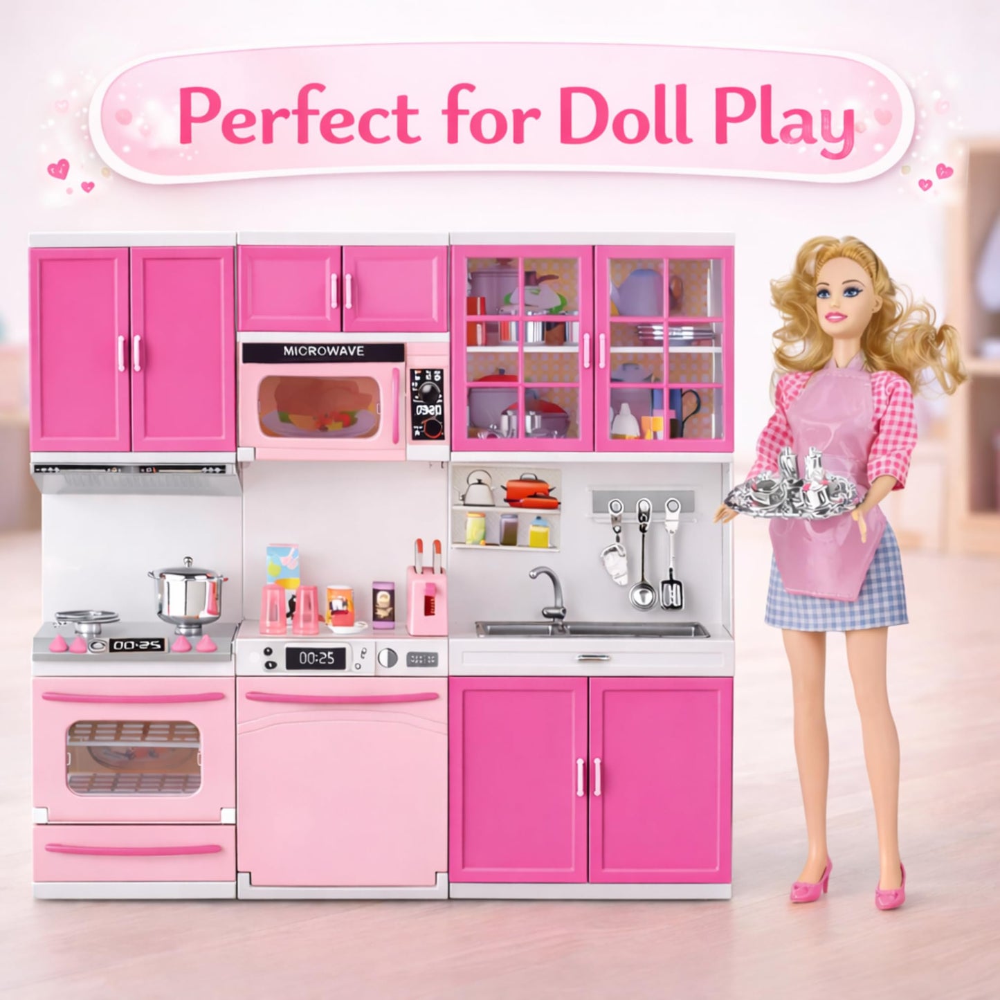 Doll Kitchen Playset for Kids, My Modern Mini Kitchen House Furniture Pretend Play Toy Accessories Set with Realistic Lights & Sounds for Toddlers
