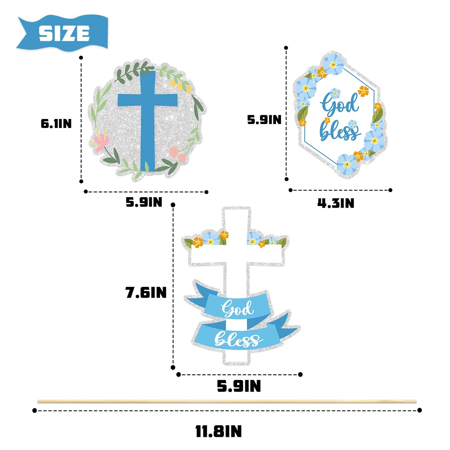 God Bless Centerpiece Sticks, Cross Community Sign - Baptism Party Decorations - Christening Party Supplies - 15PCS