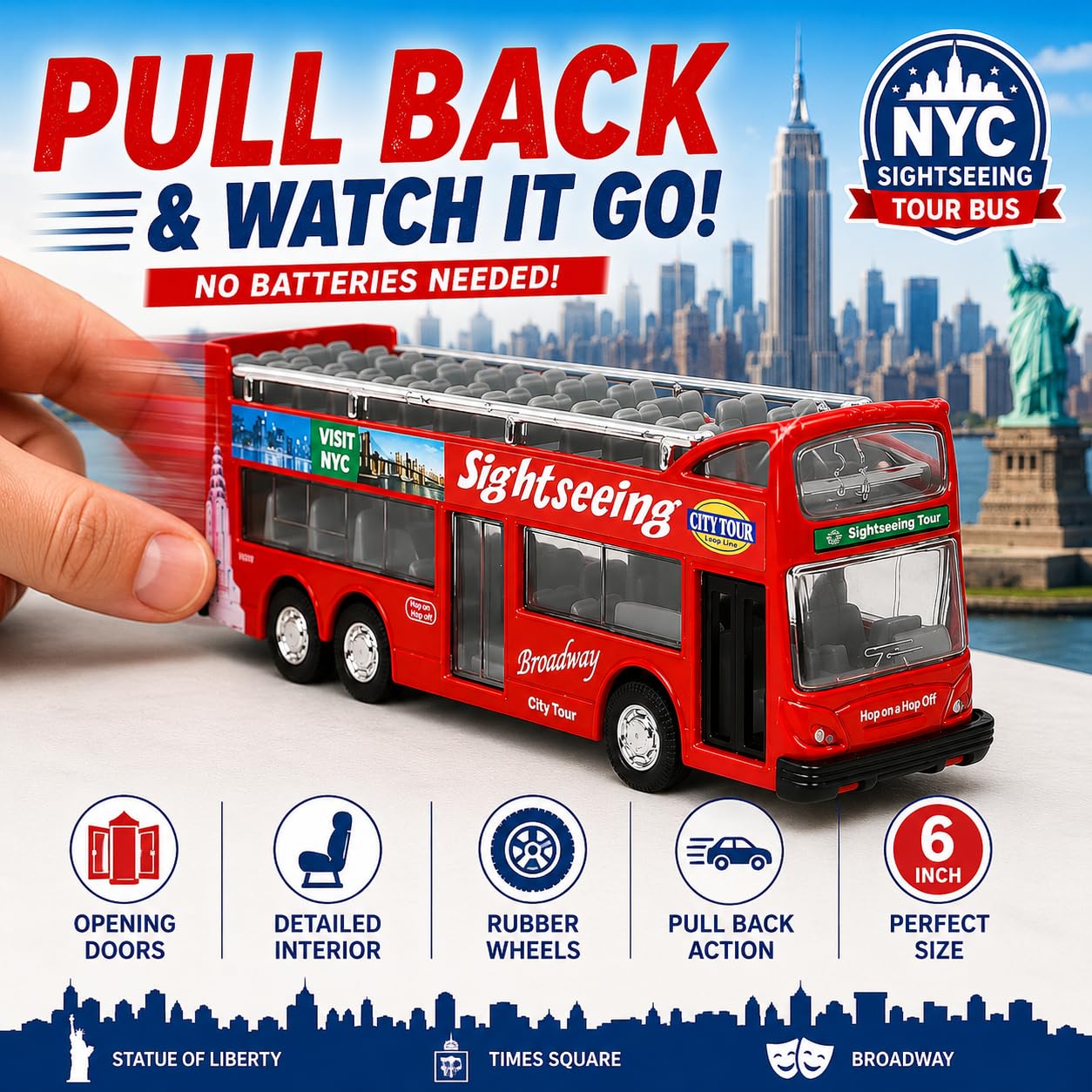 NYC Sightseeing Tour Bus, New York City Double Decker, Diecast Toy Double Decker Tourist Open Top Pull Back Model Vehicle Souvenir Gift (NYC Tour)