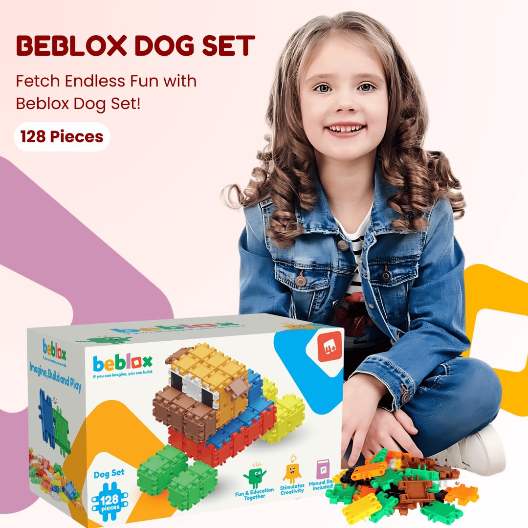 Beblox Building Blocks for Kids - Dog Set - 128-Piece Connecting Tiles - Interlocking Building Blocks for Kids, STEM Toys Kit, Fun & Educational