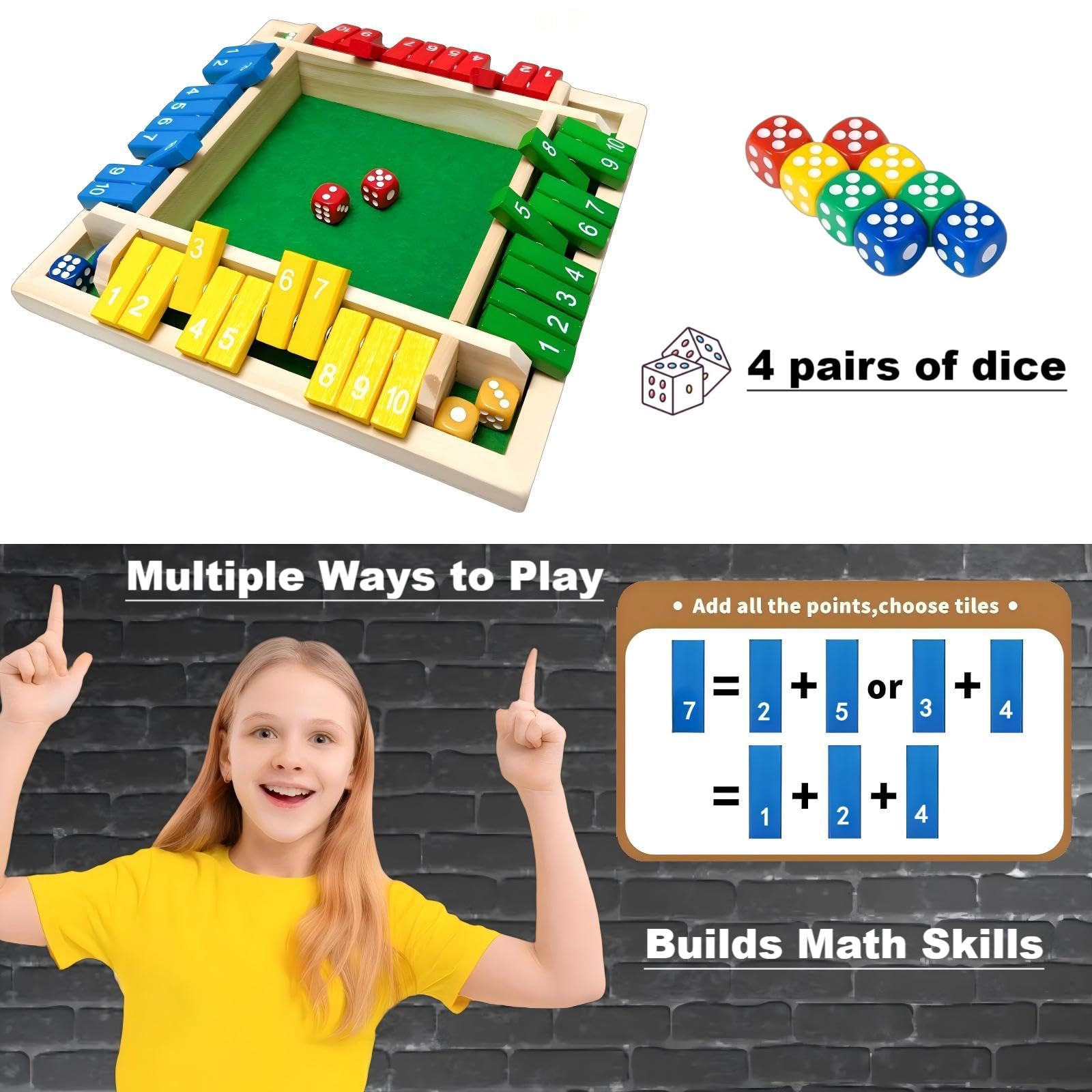 Shut The Box Game Dice Game, 2-4 Player Math Learning Toy for Adult Kids 5-7 8-12, Educational Wooden Board Tabletop Game with 8 Dice for Family