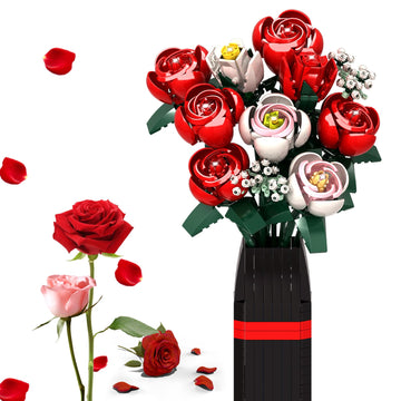 Roses Flower Bouquet Building Set, Red Rose Botanical Collection Kit with Vase for Adults Women, DIY Artificial Flower Bouquet Set for Home Office