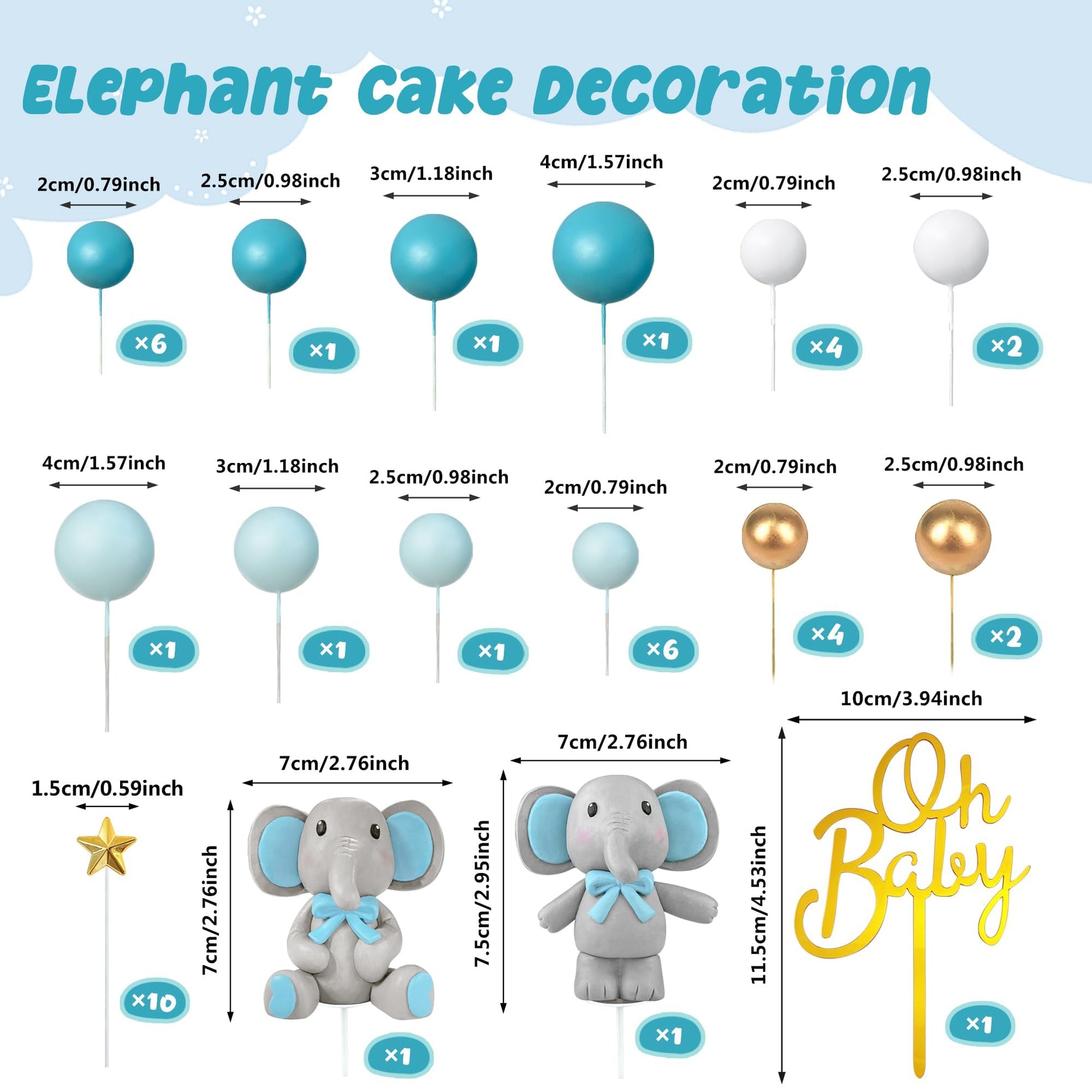 43 PCS Blue Elephant Cake Decoration Cute Baby Elephant Cake Decorations Cake Topper Star Cake Topper Blue Pearl Balls Cake Picks for Baby Shower Boy