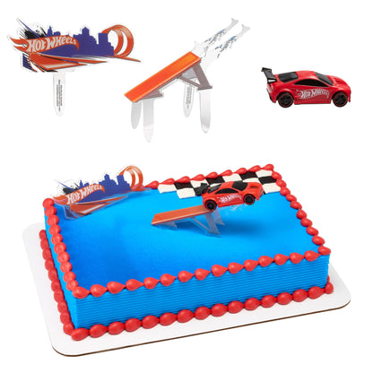 DecoSet® Hot Wheels™ Supreme Speed Cake Topper, Car Cake Decoration Set with Vehicle cake topper, Ramp and Background Pics, 3 Piece Set | For Birthday