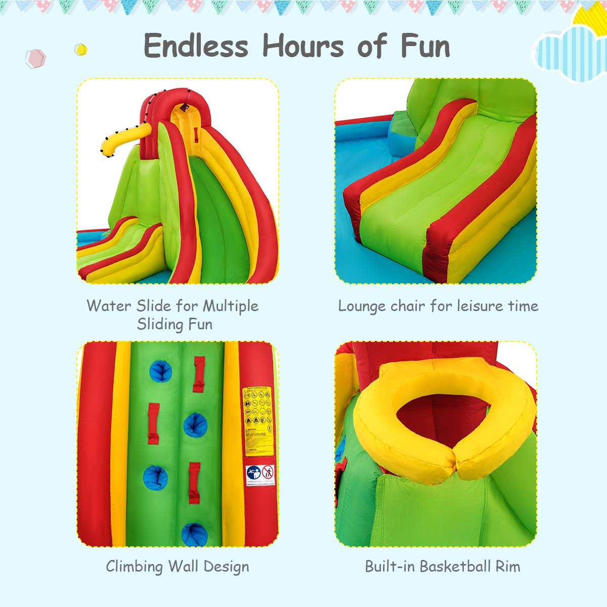 GLACER Inflatable Bounce House w/ 2 Slides, 2 Climbing Walls, Splash Pool, Water Cannon, Basketball Rim, Including Carrying Bag, Repair Kit, Water
