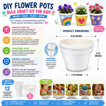 Fun Express DIY Flower Pots Bulk Craft Kit for Kids - 12 White Plastic Paint Plant Pots with Paper Inserts | Educational Toys for Painting Activities