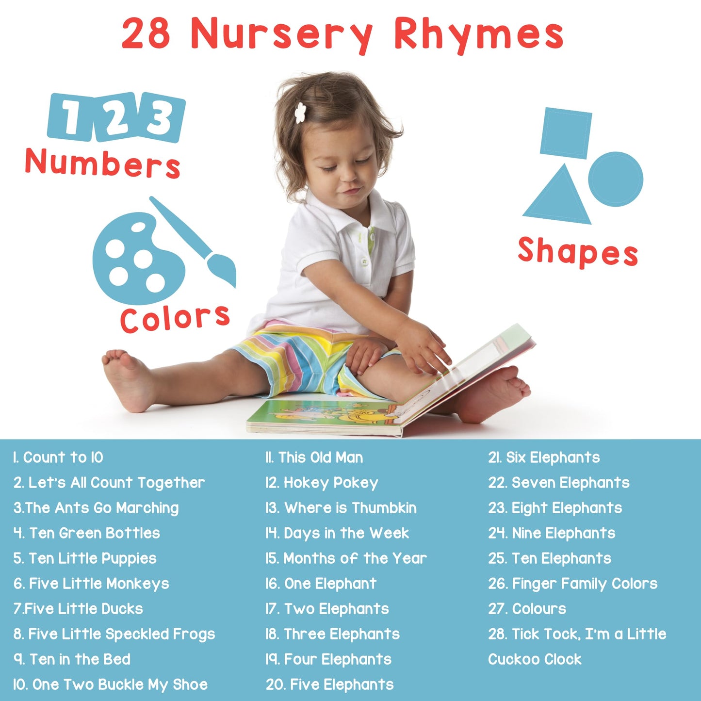 LEARNING BUGS Numbers, Colors & Shapes - 28 Favorite Counting Nursery Rhymes, Musical Books for Toddlers, 28-Button Music Book, Musical Toys