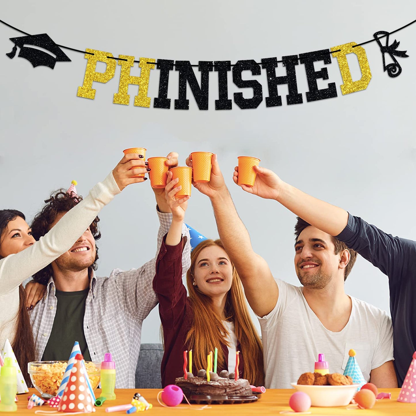 Phinished Banner, Class of 2026 Master Doctor Degree, Congrats Phd College Graduation Party Decoration Supplies, Gold and Black Glitter