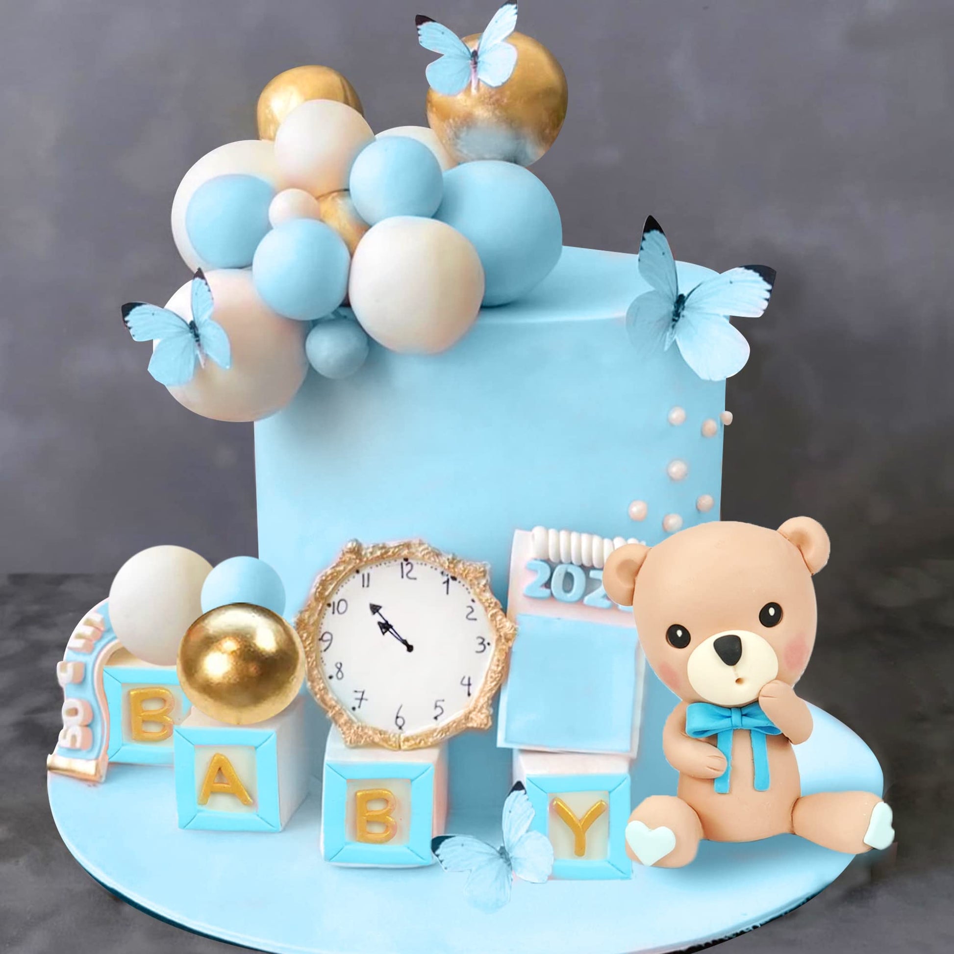 Bear Cake Toppers Mini Bear Cake Decorations Blue Letter Cake Toppers Gold Blue White Pearl Ball for Bear Theme Birthday Supplies (Blue Baby)