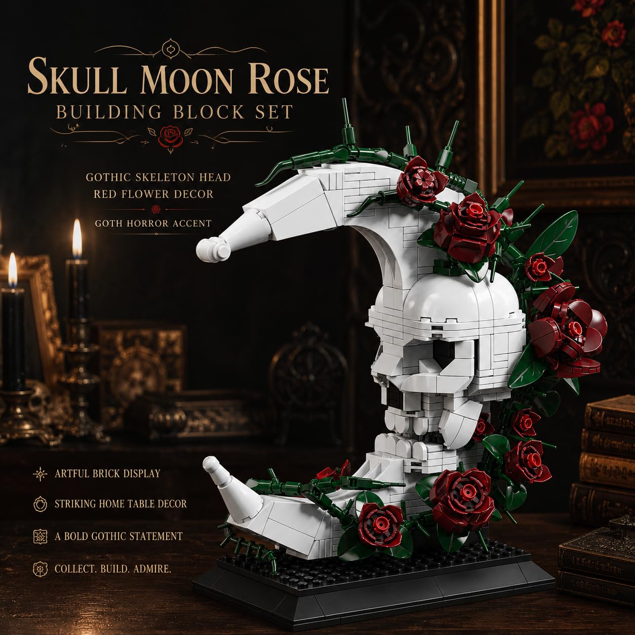JYLWSMHU Skull Moon Rose Building Block Set Gothic Skeleton Head with Red Flowers Goth Horror Skeleton Pot Home Table Decor for Adults 606PCS