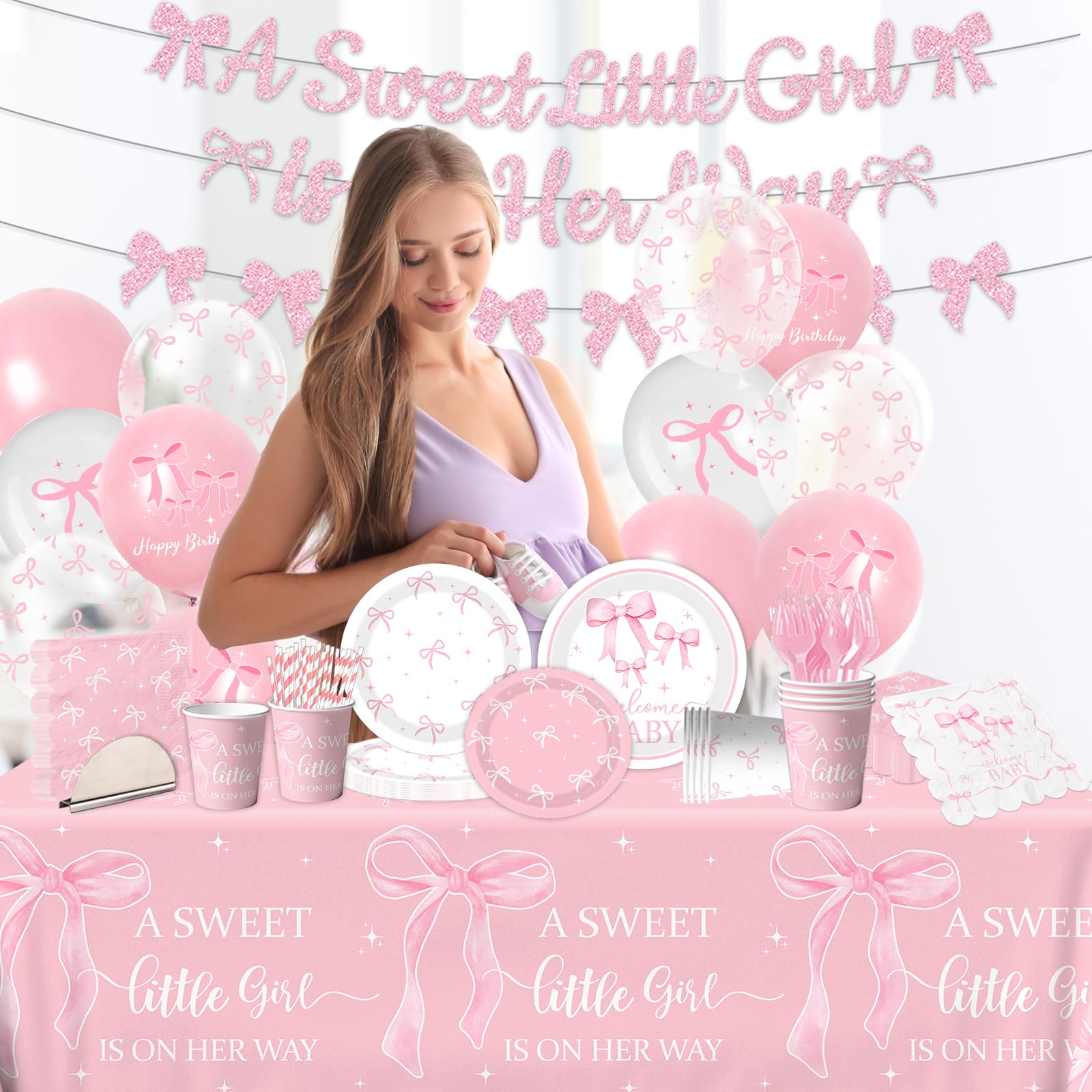 Pink Bow Baby Shower Decorations for Girl - Bow Party Tableware Include Plates,Napkins,Banner A Sweet Little Girl is on Her Way Decorations